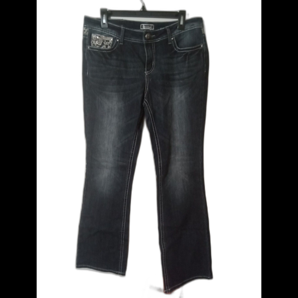 Soundgirl Embellished Sequined Back Pocket Dark Wash Bootcut Jeans Women's 15